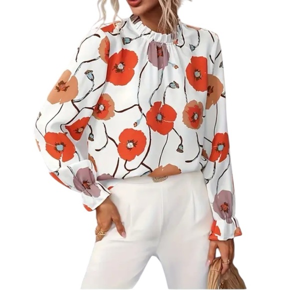 Women’s Floral Print Women's High Neck Top Long Sleeve Size PTP 22 x Length 24 - Picture 8 of 9